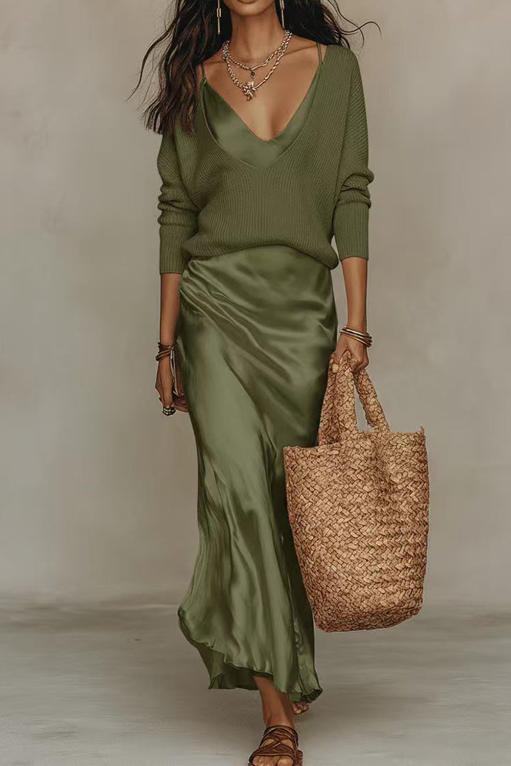 Jessa | V-Neck Sweater & Satin Maxi Dress Set