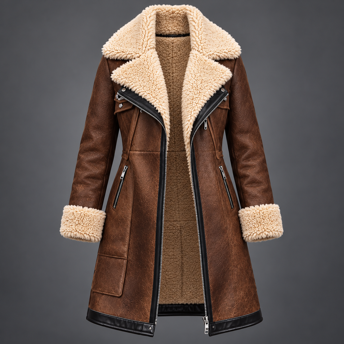 Mertice | Long Vintage Leather Coat with Faux Fur Collar for Women