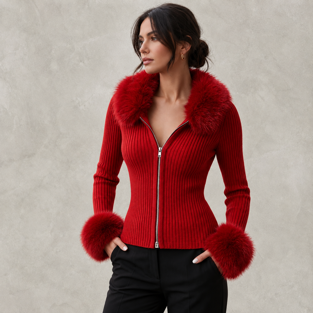 Adeline Women's Fur Trim Zip Cardigan
