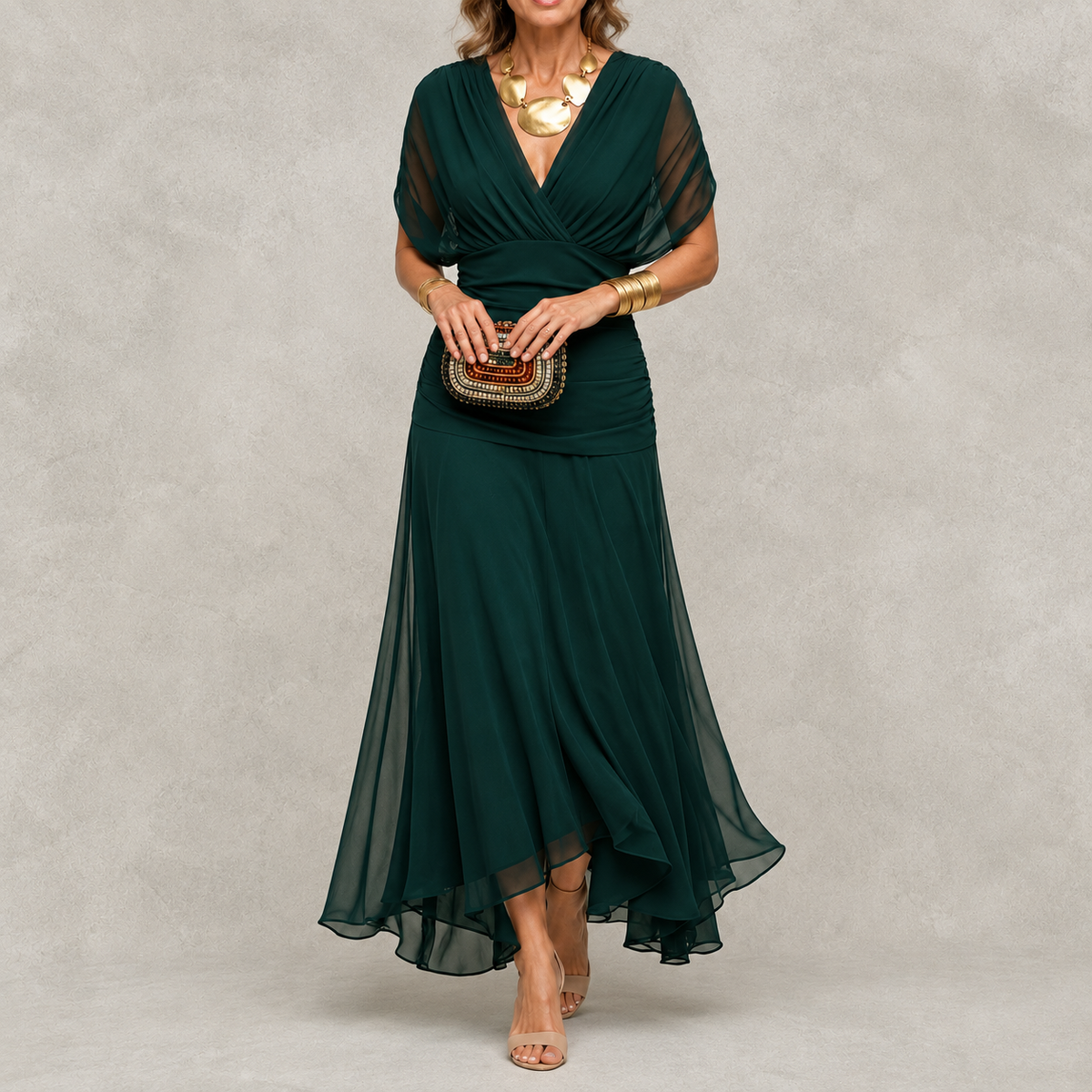 Emma | Draped V-Neck Evening Maxi Dress