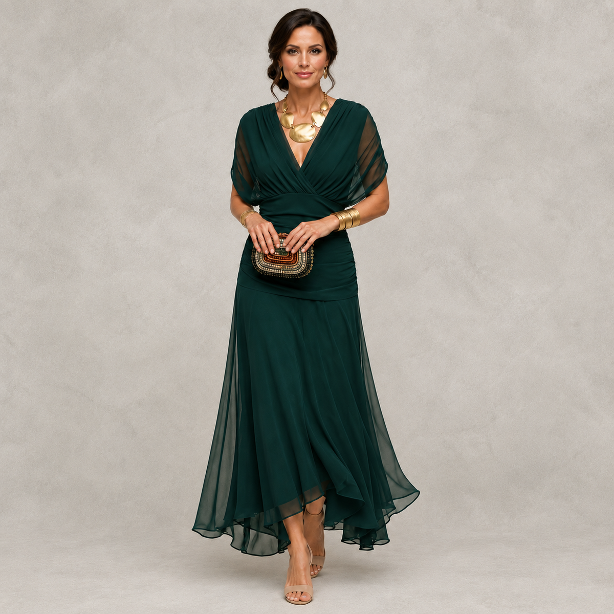 Emma | Draped V-Neck Evening Maxi Dress
