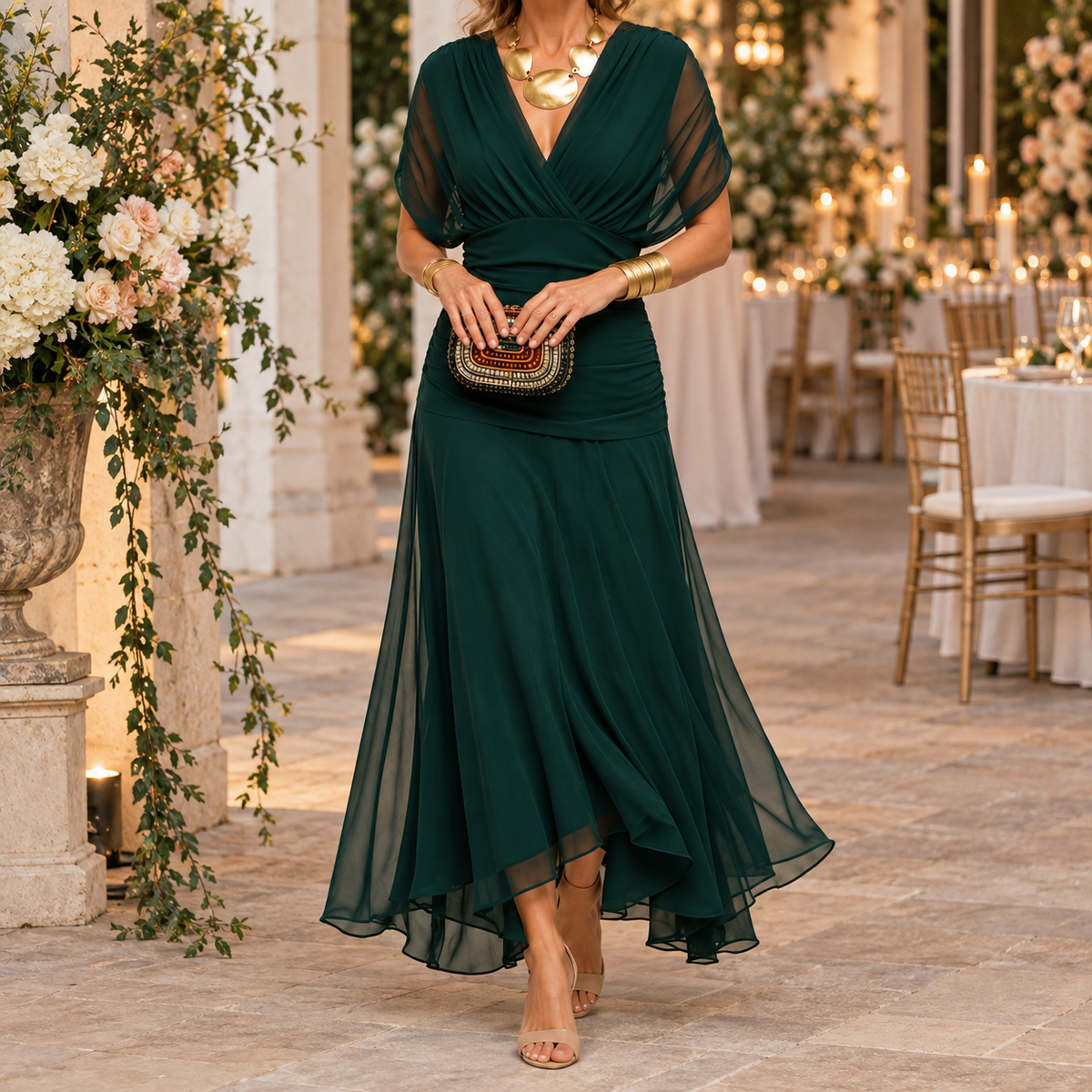 Emma | Draped V-Neck Evening Maxi Dress
