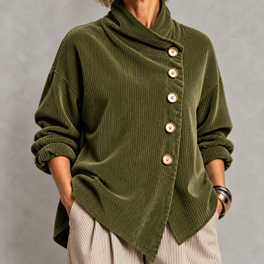 Chic High Funnel Neck Asymmetric Corduroy Top
