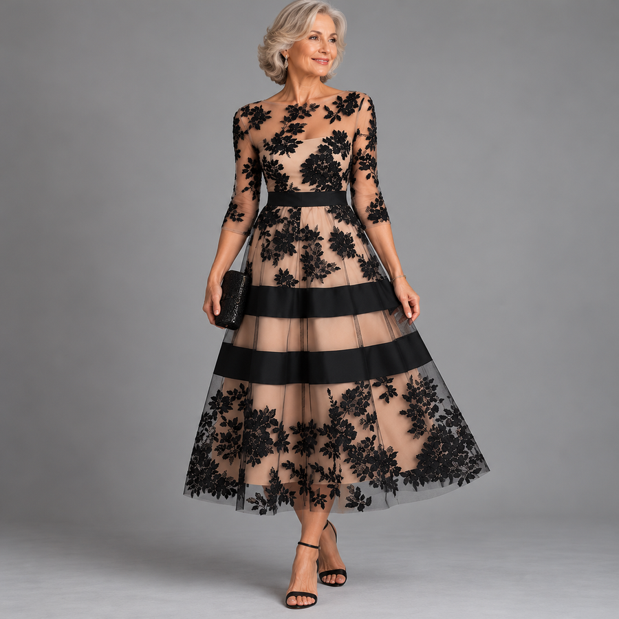 Elegant Black Lace Midi A-Line Dress