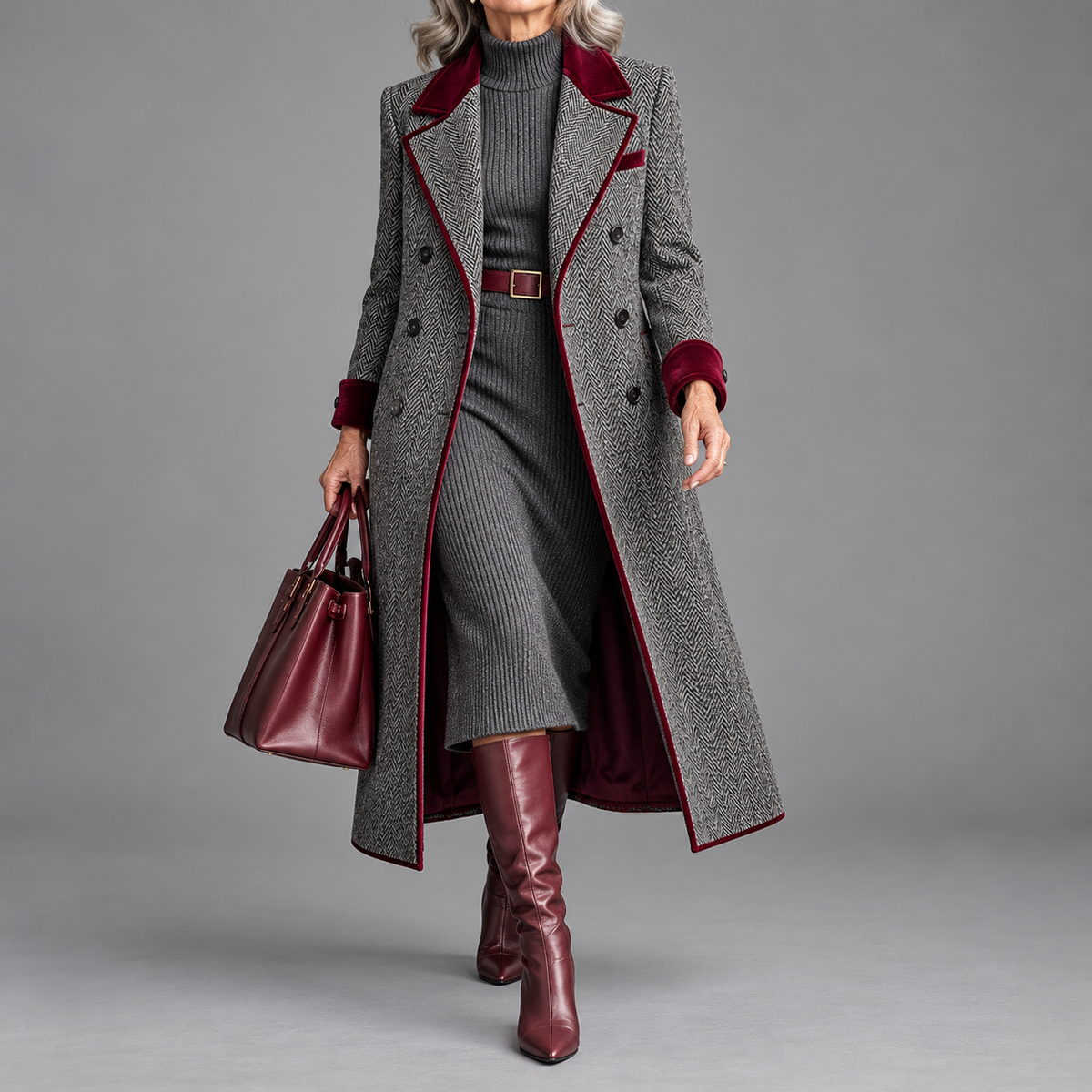 Elegant Herringbone Wool-blend Long Coat
