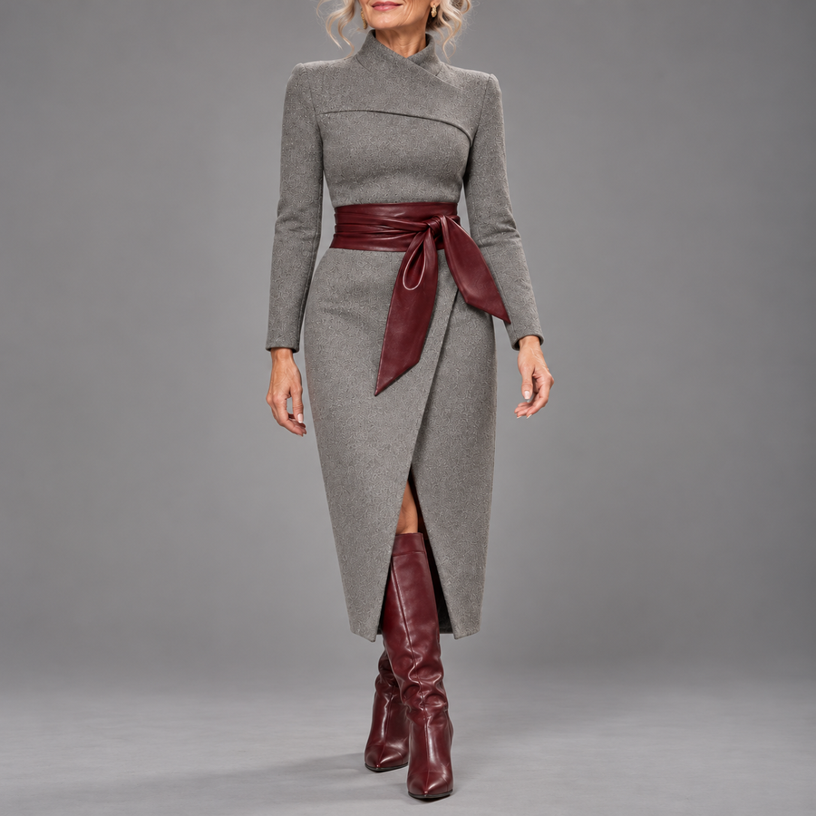 Elegant Vintage-style Leather Belt Wrap Midi Dress