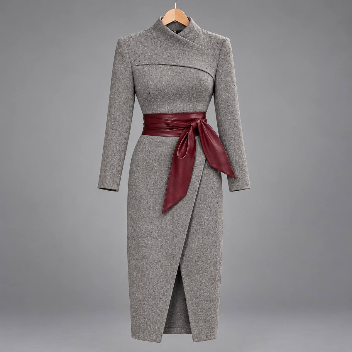 Elegant Vintage-style Leather Belt Wrap Midi Dress