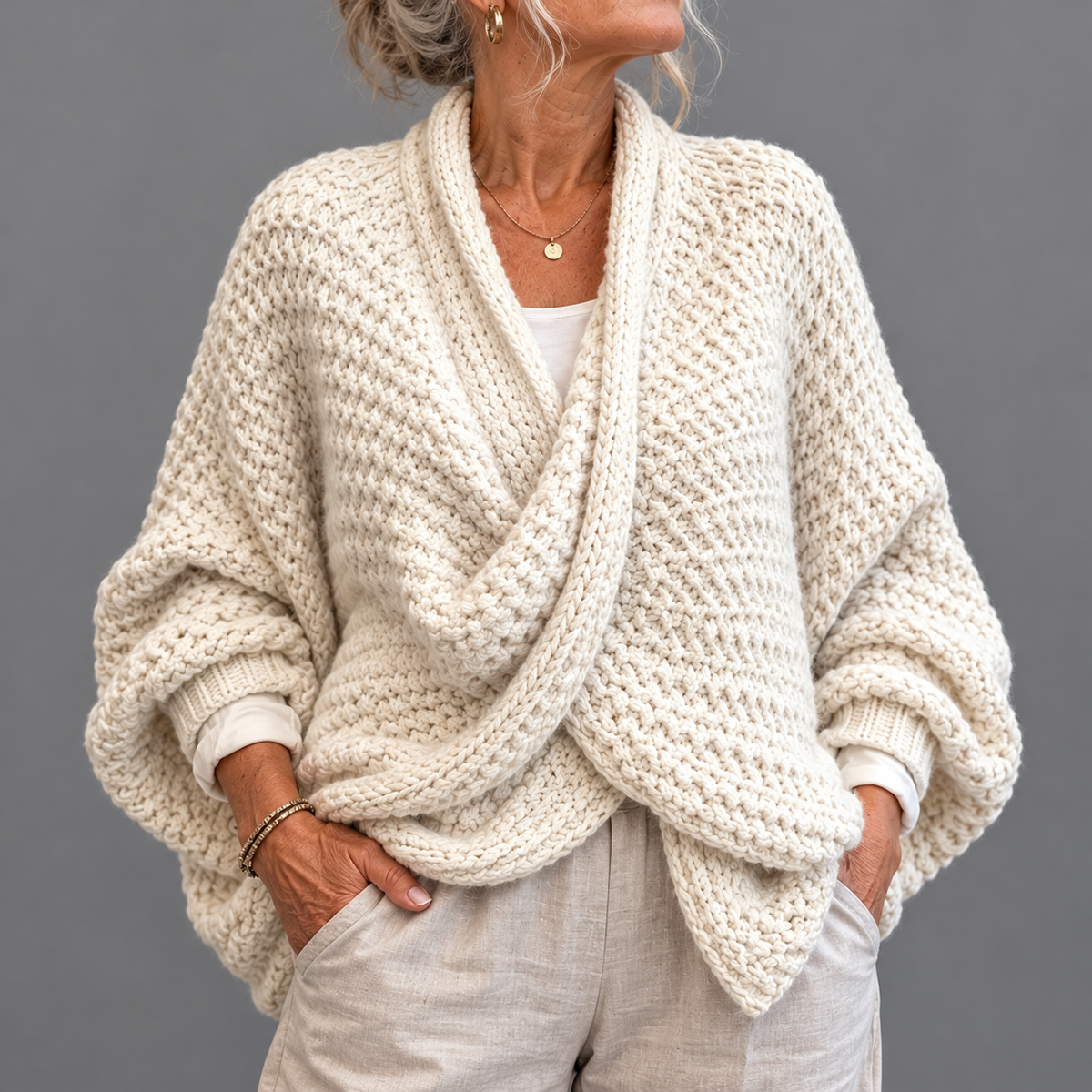 Cozy Relaxed Batwing Sleeves Crossover V-neck Sweater