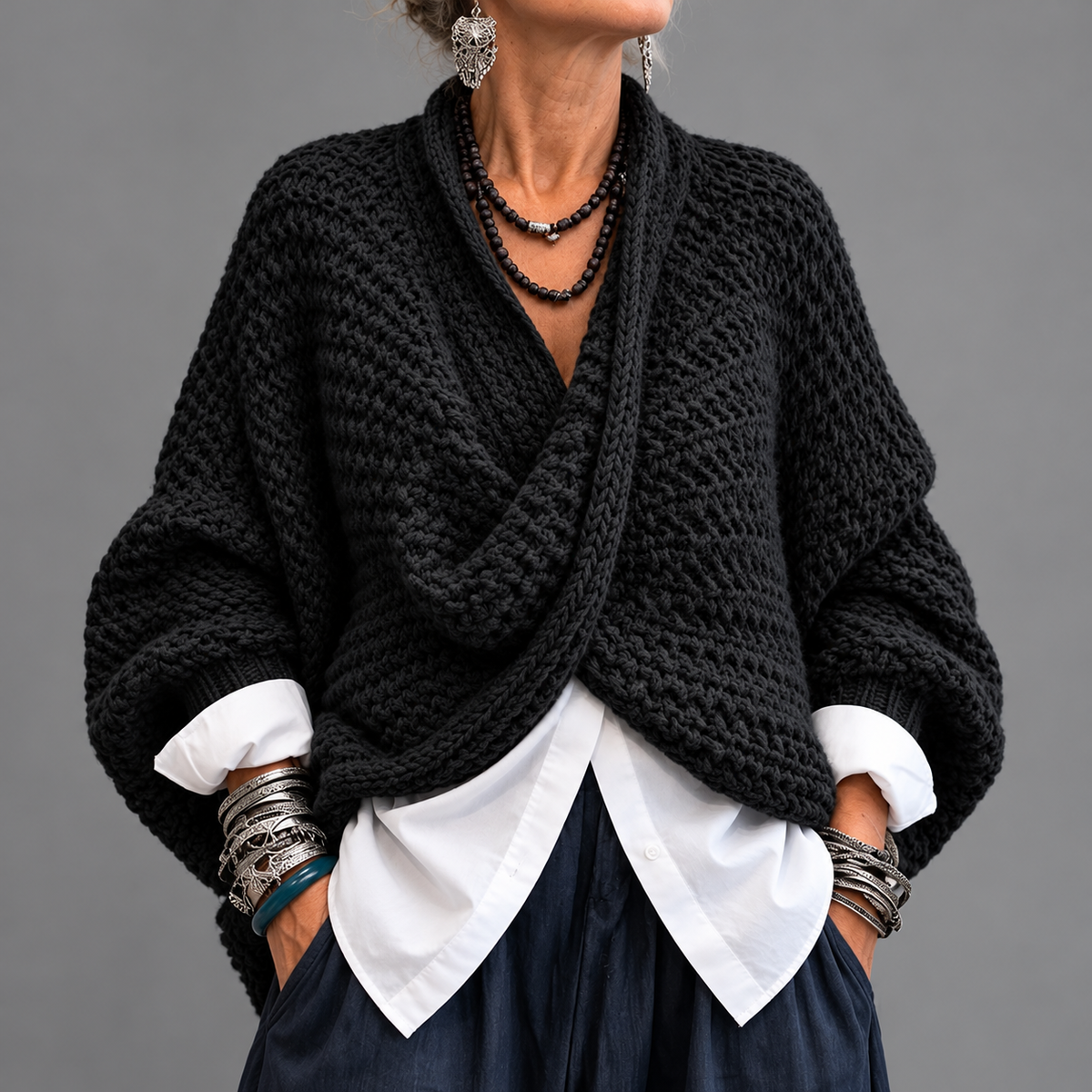 Cozy Relaxed Batwing Sleeves Crossover V-neck Sweater