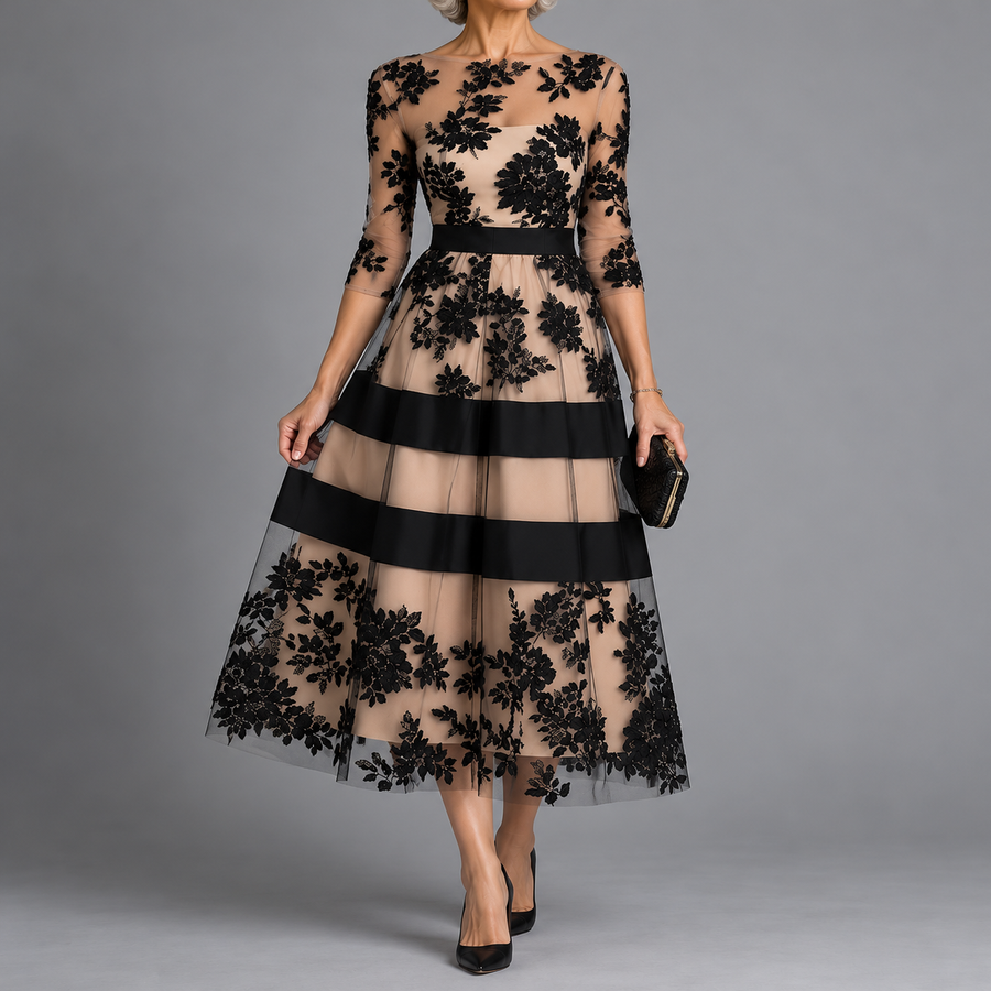 Elegant Black Lace Midi A-Line Dress