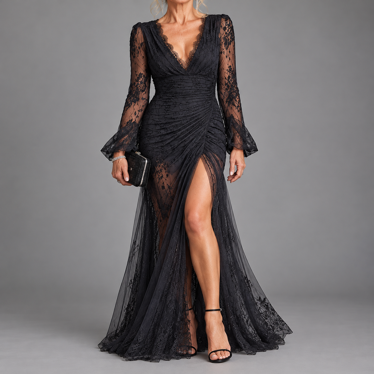 Kuintina | Long Black Dress With Deep V-Neck And Dramatic Slit