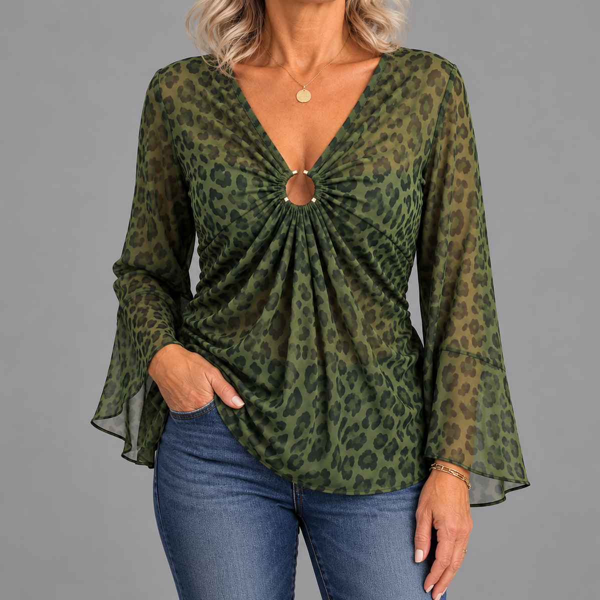 Fierce Leopard Print Ring-Accented V-Neck Top