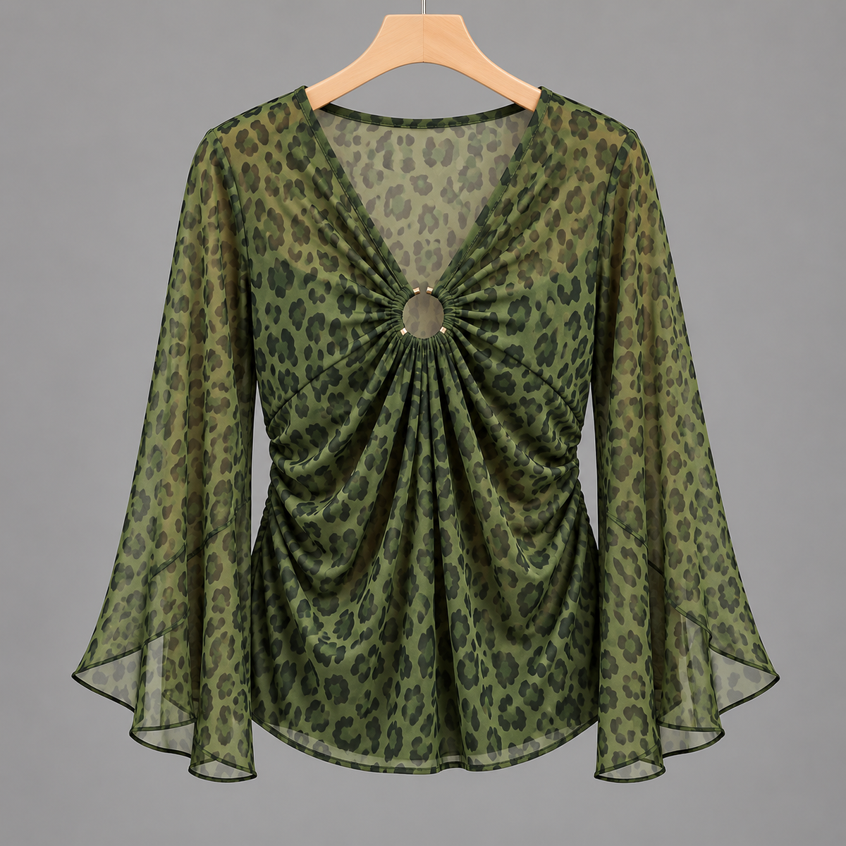 Fierce Leopard Print Ring-Accented V-Neck Top