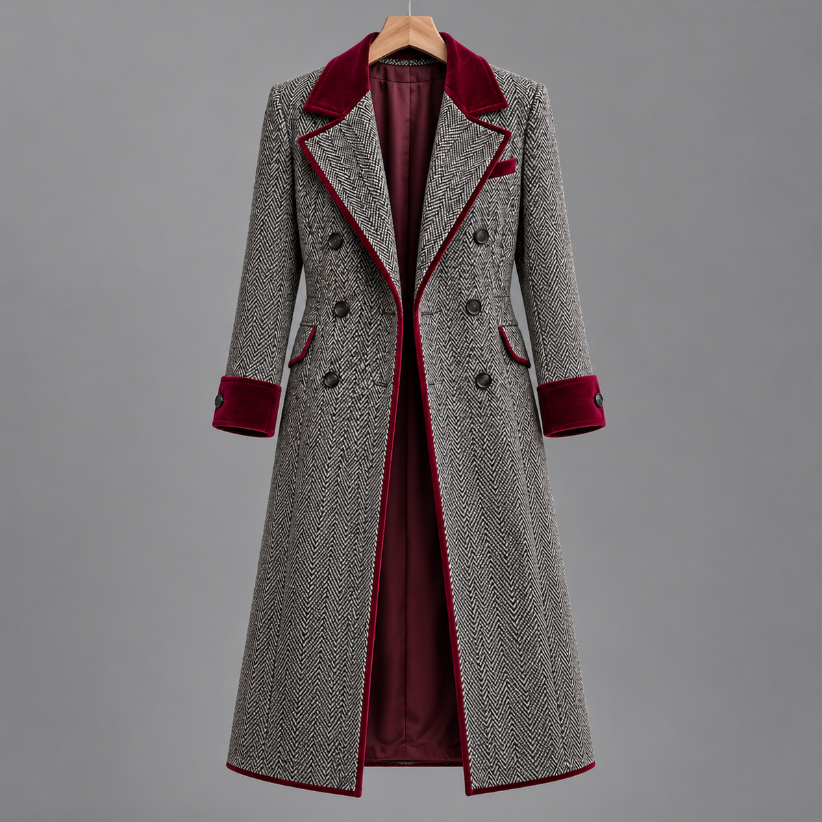 Elegant Herringbone Wool-blend Long Coat