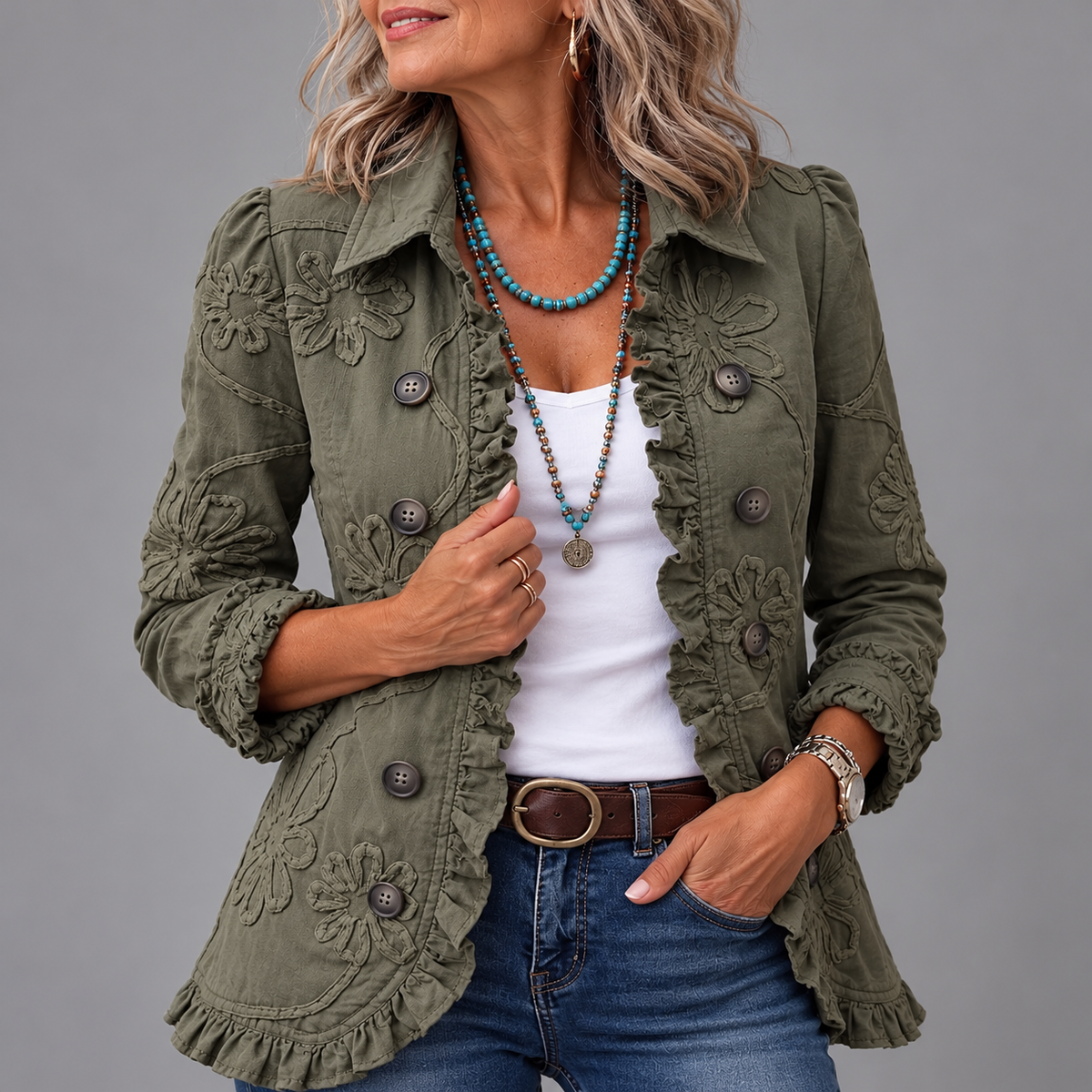 Kamberly | Boho-Chic Floral Embroidered Utility Ruffled Trim Jacket