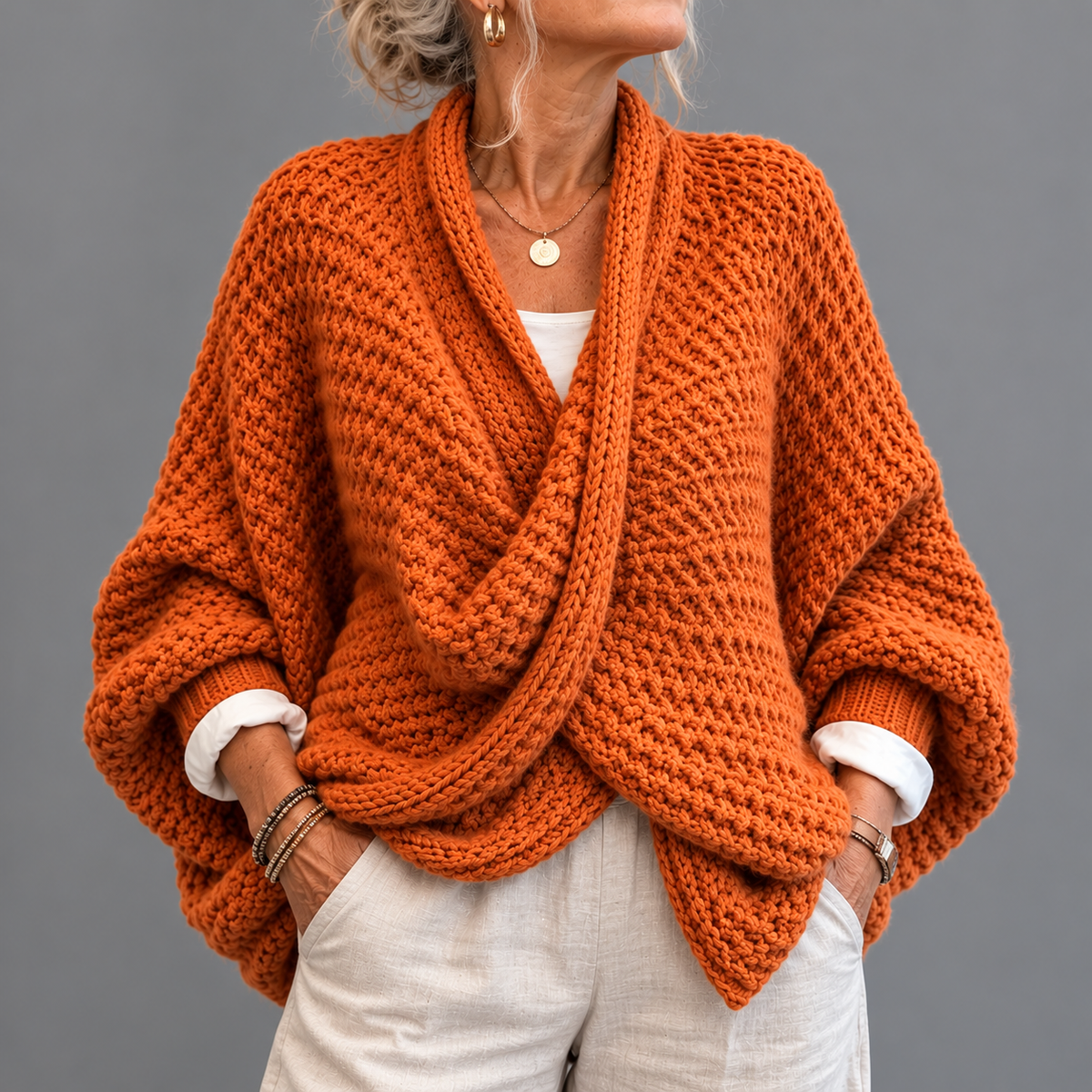 Cozy Relaxed Batwing Sleeves Crossover V-neck Sweater