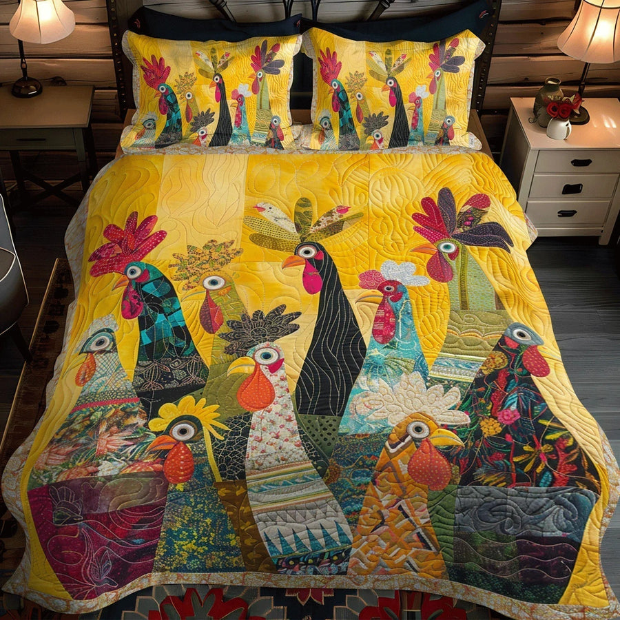 Morning Roosters 3-Piece Quilted Bedding Set