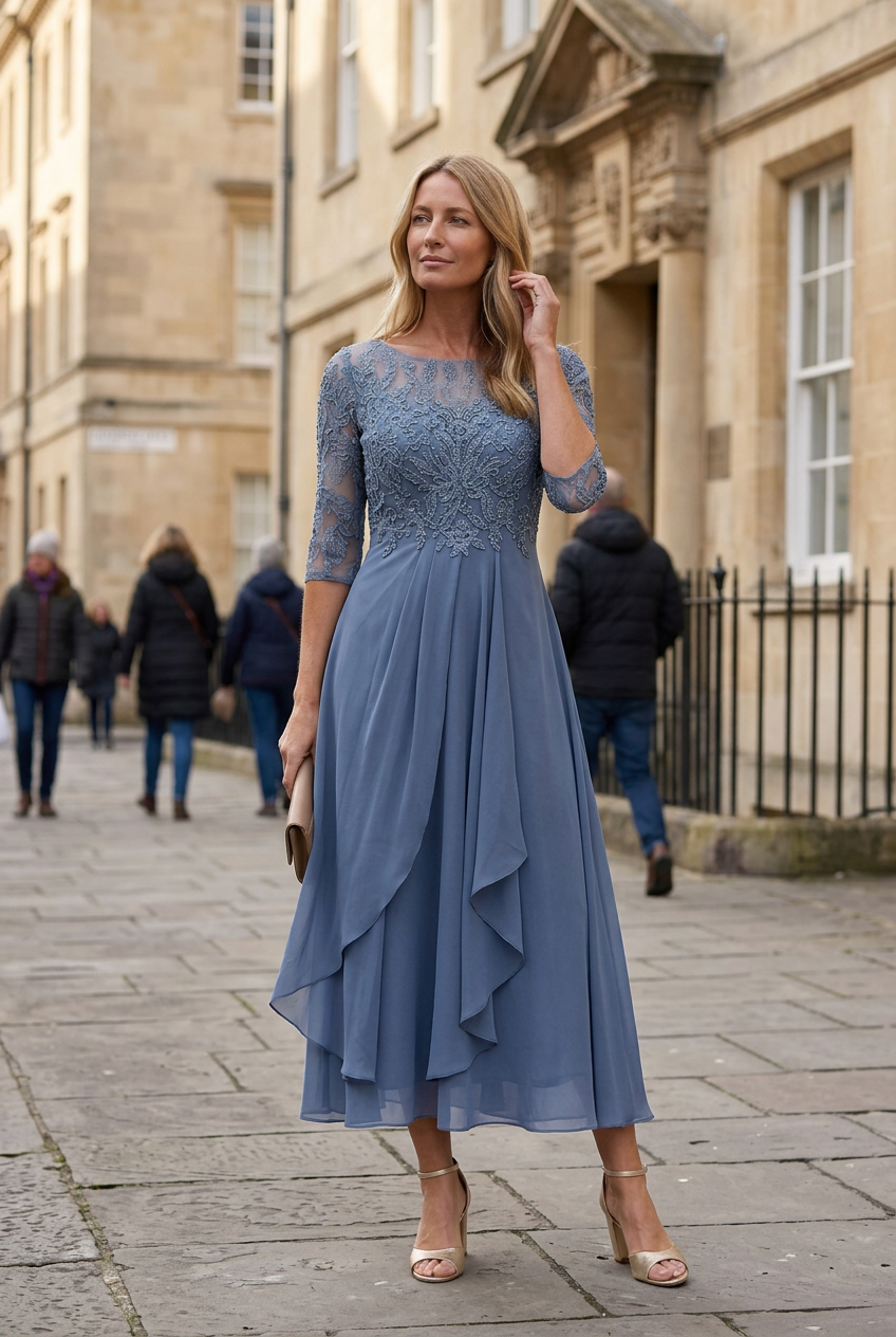 Women's Embroidered Flared Wedding Guest Dress | Midi