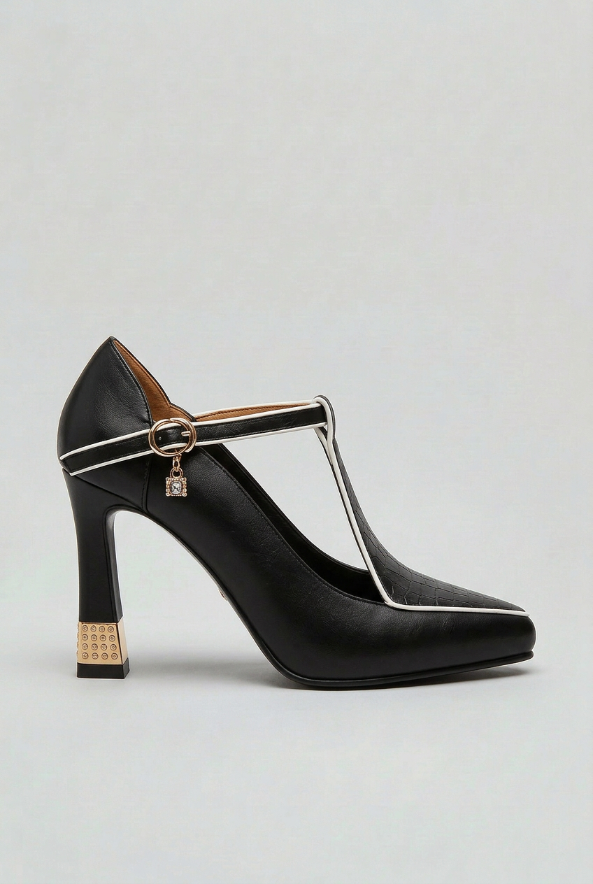 Women’s Heels | T-Bar Strap with Gold Trim Detail