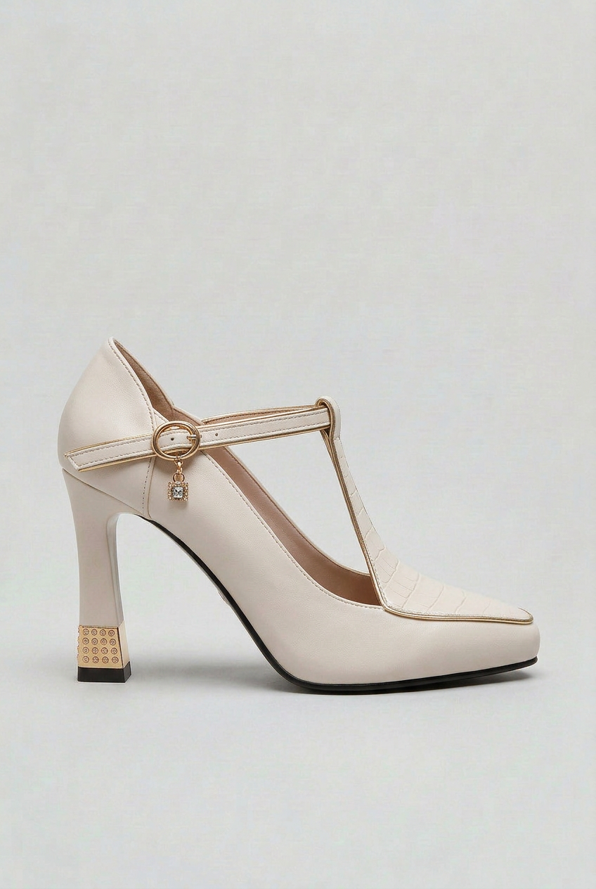 Women’s Heels | T-Bar Strap with Gold Trim Detail