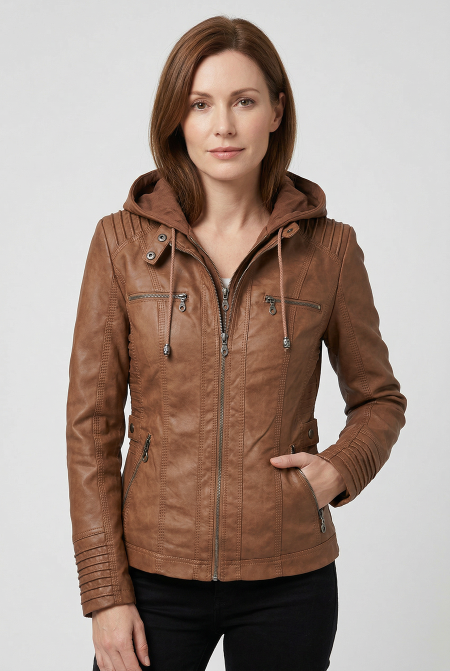 Women’s Jacket | Hooded Leather Look with Zip