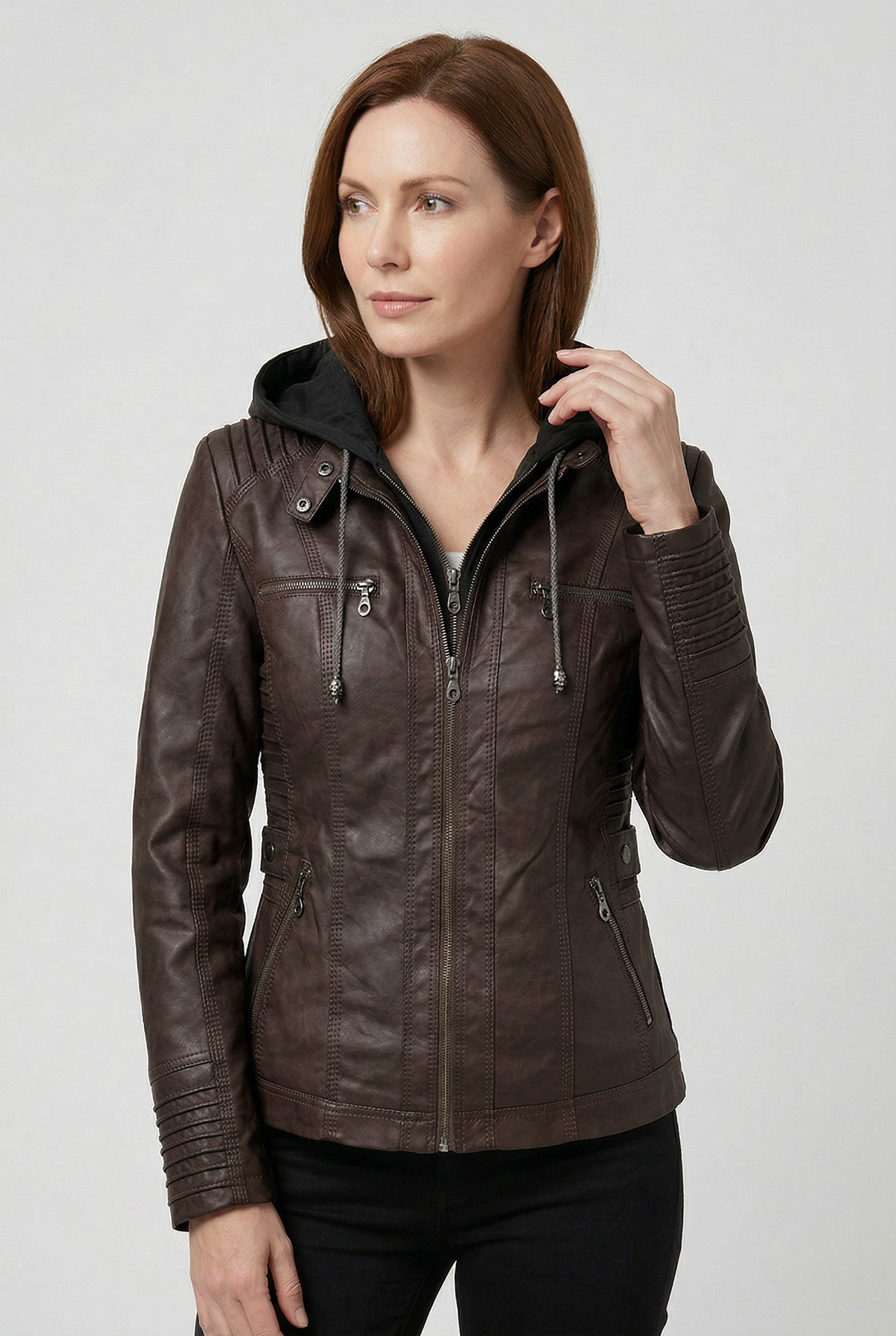 Women’s Jacket | Hooded Leather Look with Zip