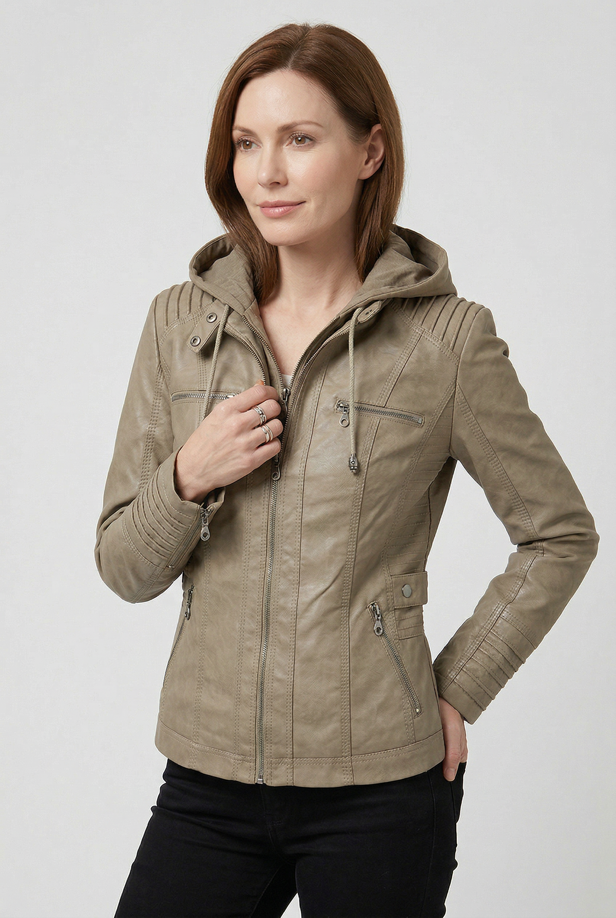 Women’s Jacket | Hooded Leather Look with Zip