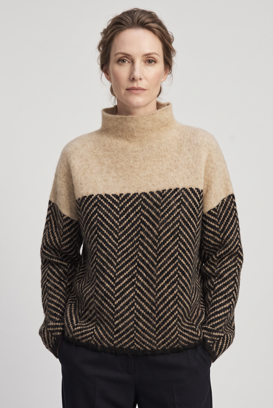 Women's Knitted Jumper | Roll Neck Herringbone Panel