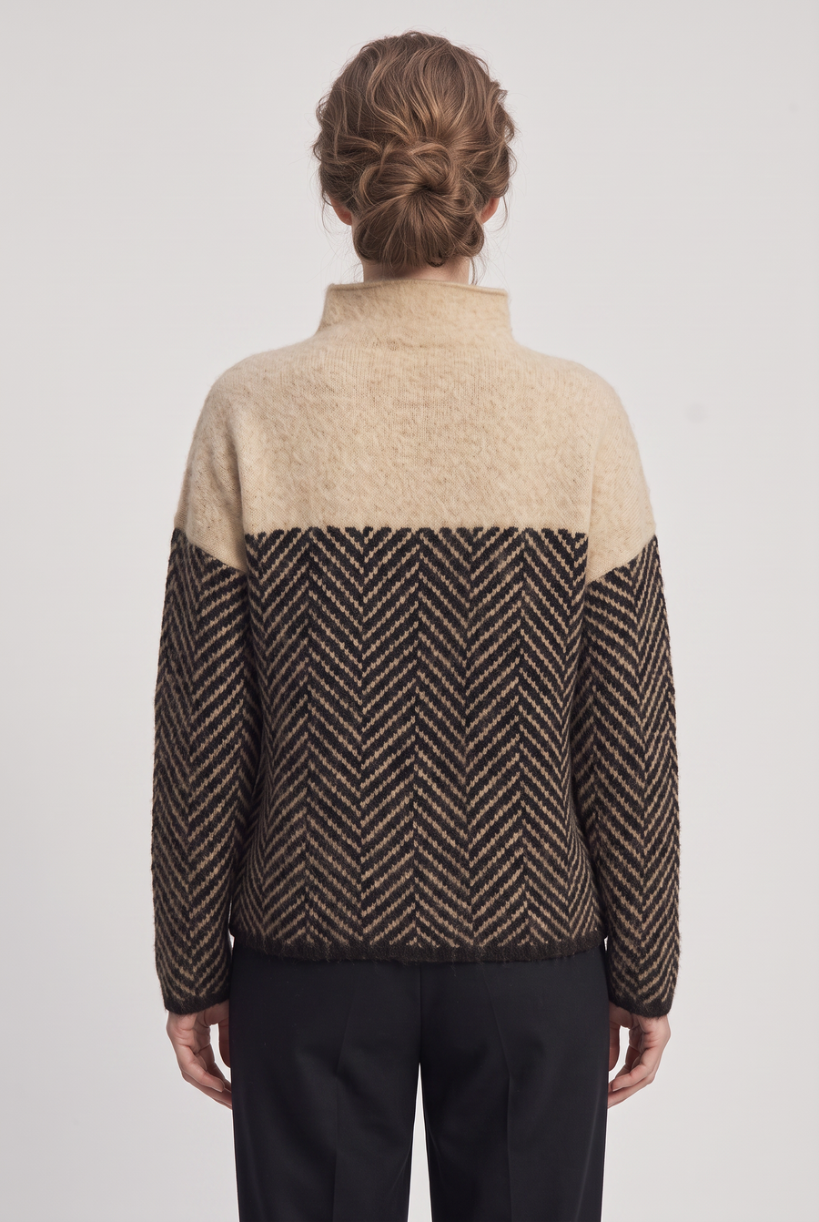Women's Knitted Jumper | Roll Neck Herringbone Panel