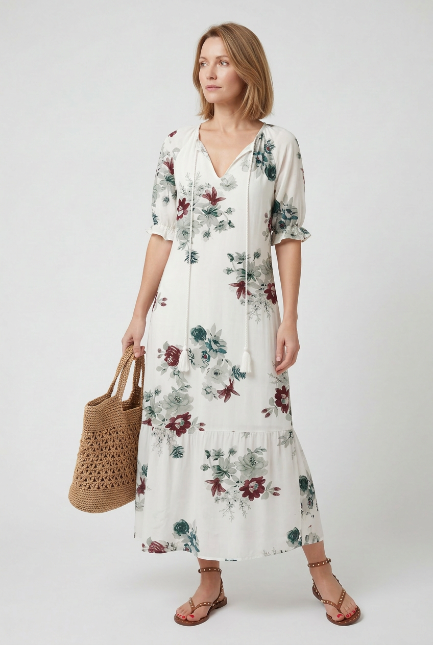 Women’s Maxi Dress | Boho Print with Tie-Neck Tassels