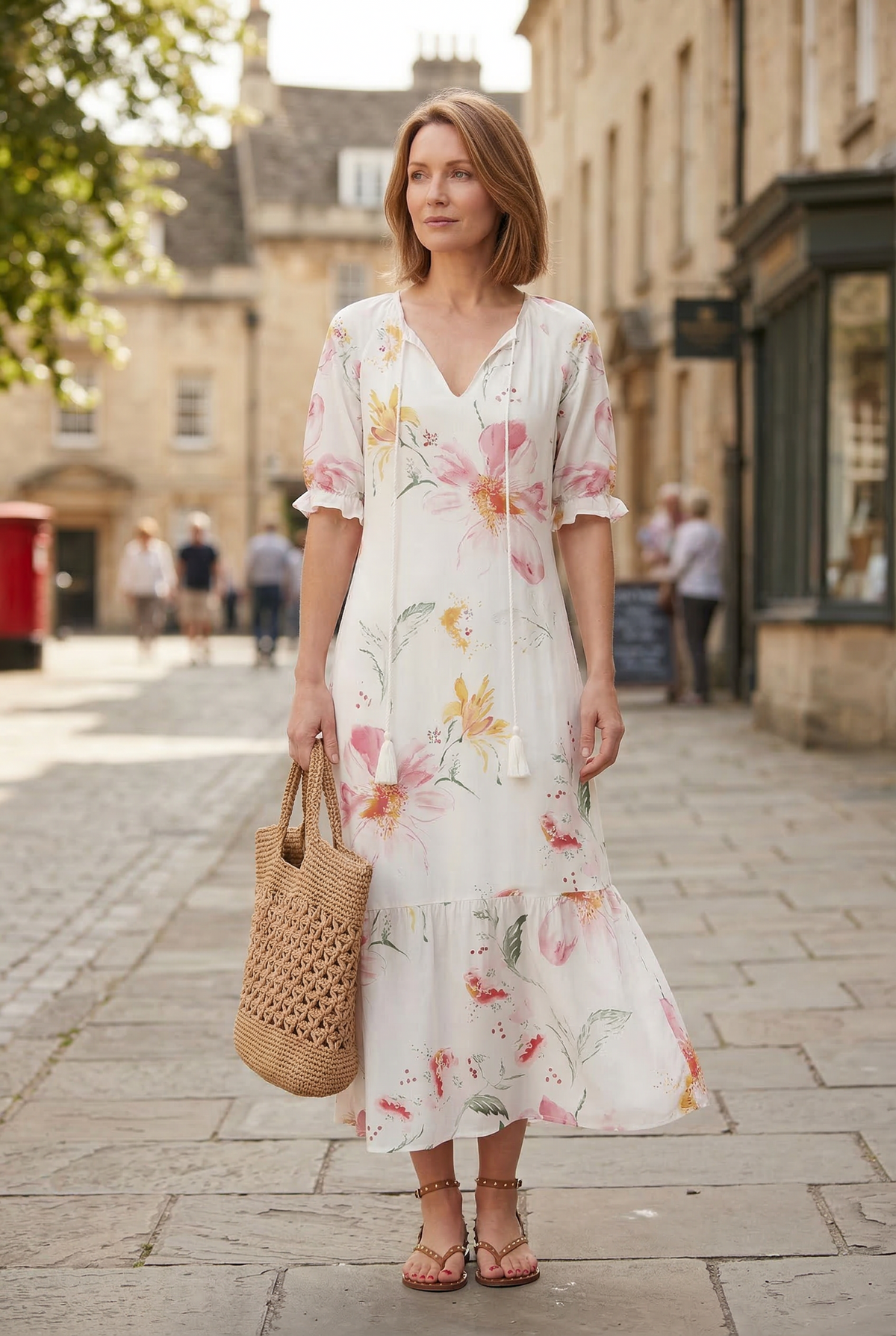 Women’s Maxi Dress | Boho Print with Tie-Neck Tassels