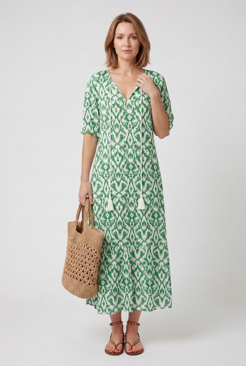 Women’s Maxi Dress | Boho Print with Tie-Neck Tassels