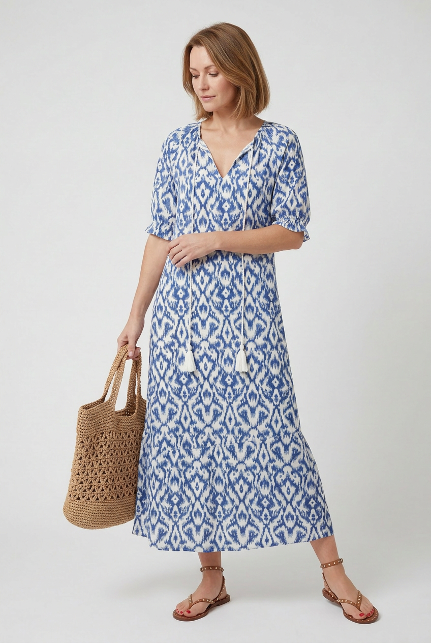 Women’s Maxi Dress | Boho Print with Tie-Neck Tassels