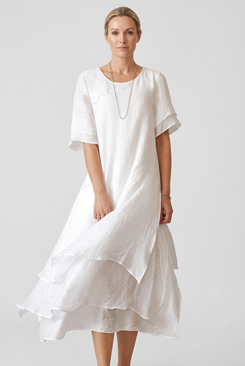 Women’s Midi Dress | Linen Look with Double-Layer Hem