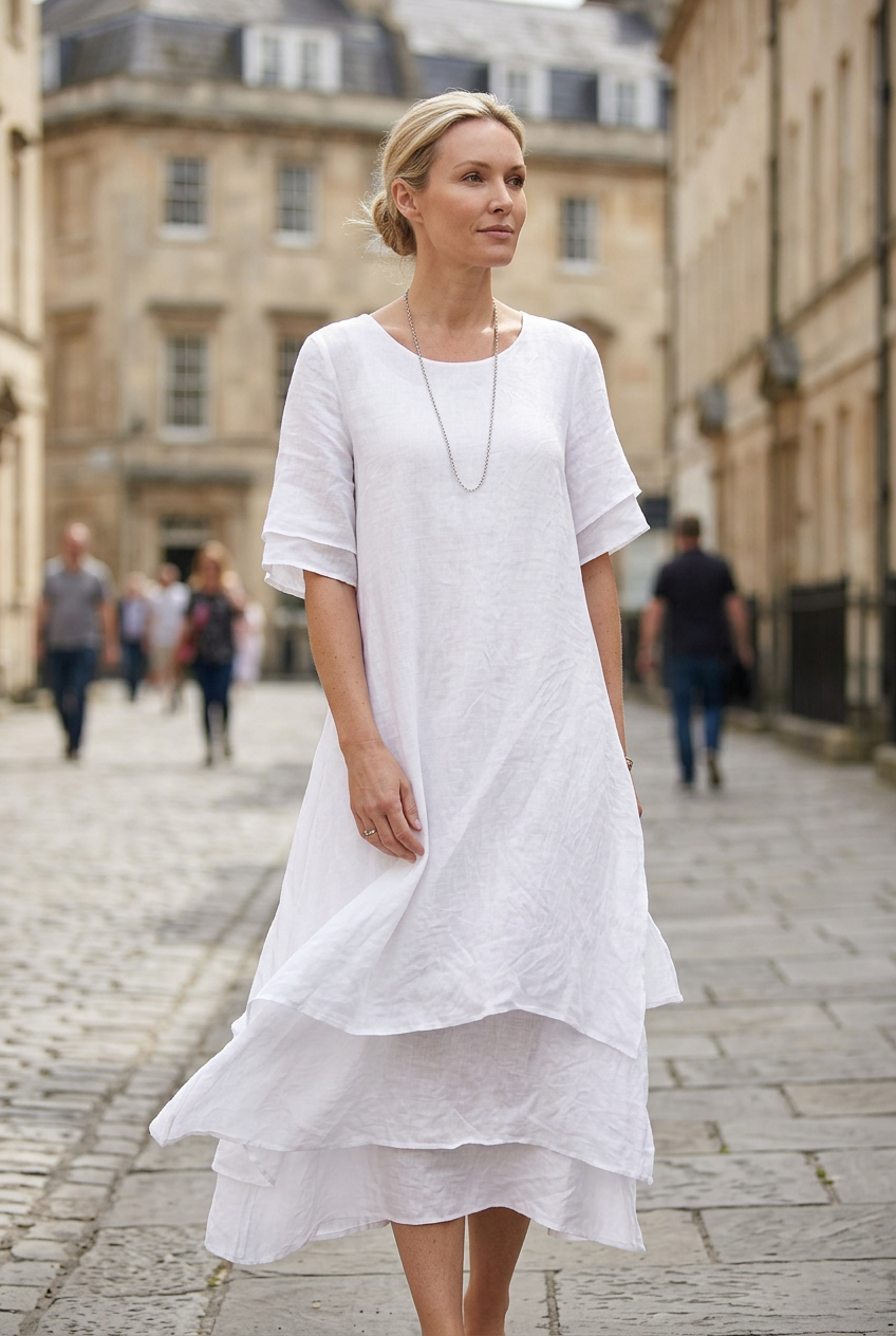 Women’s Midi Dress | Linen Look with Double-Layer Hem