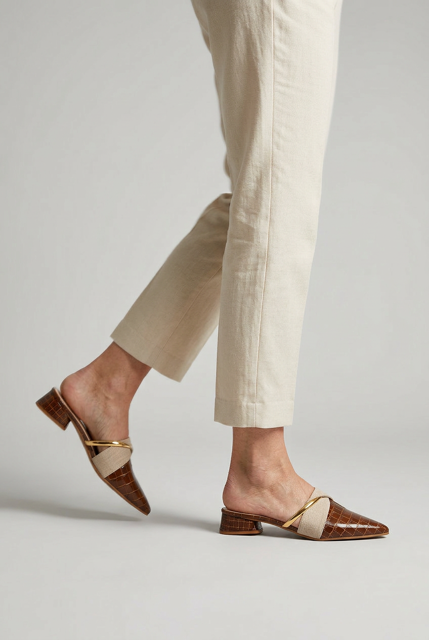 Women’s Mules | Croc-Embossed Look with Gold Bar