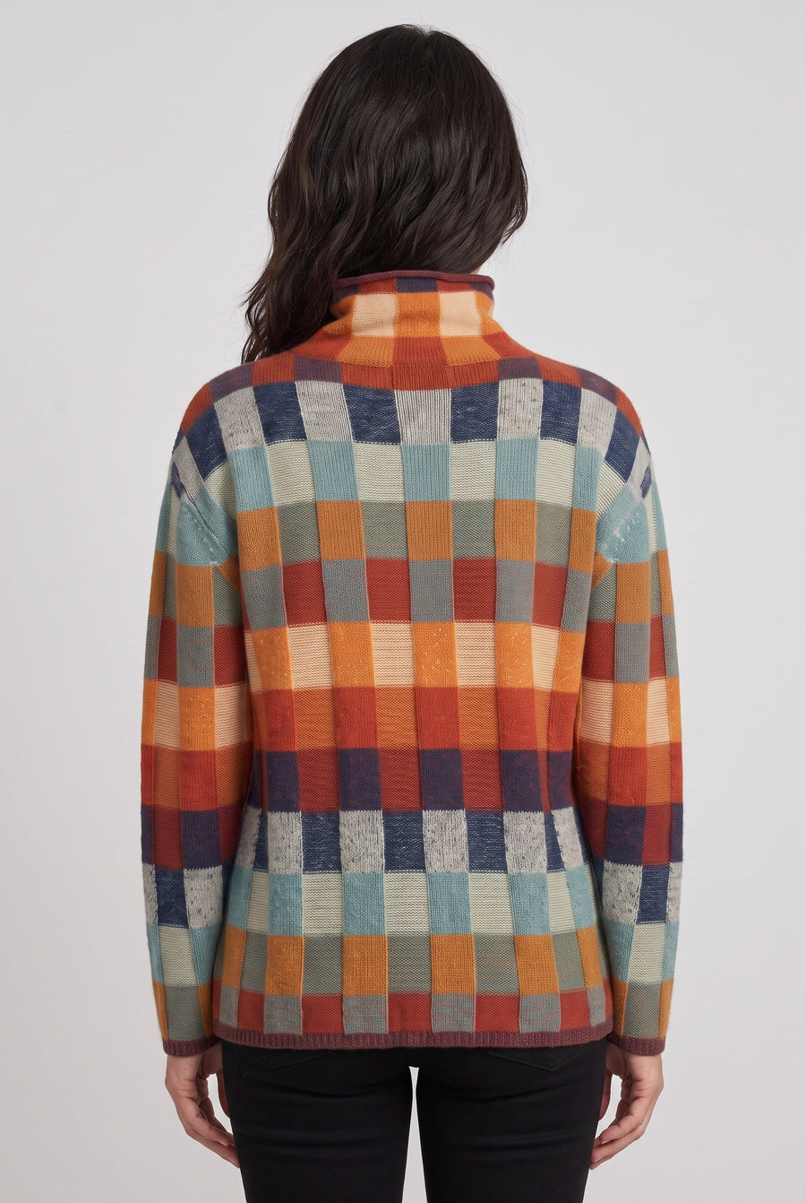 Women's Knitted Jumper | Roll Neck Multicolour Check