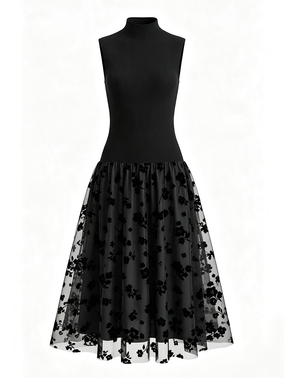 Addie | Flocked Knit High Neck Drop-Waist Sleeveless A-Line Maxi Dress
