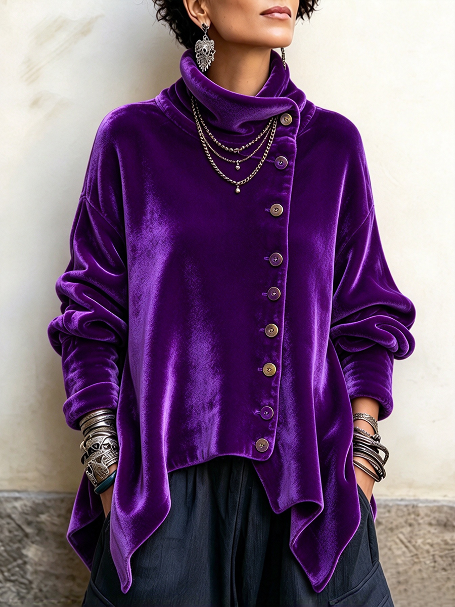 Chic Velvet Asymmetric Button Turtleneck Top